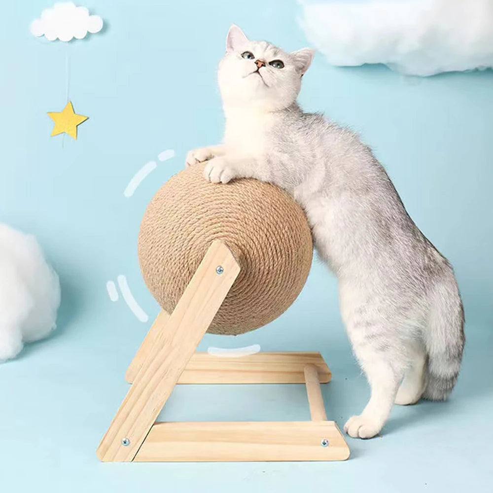 Cat climbing on the scratching ball base