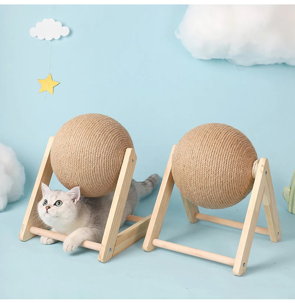 Two sizes of sisal scratching ball on a base