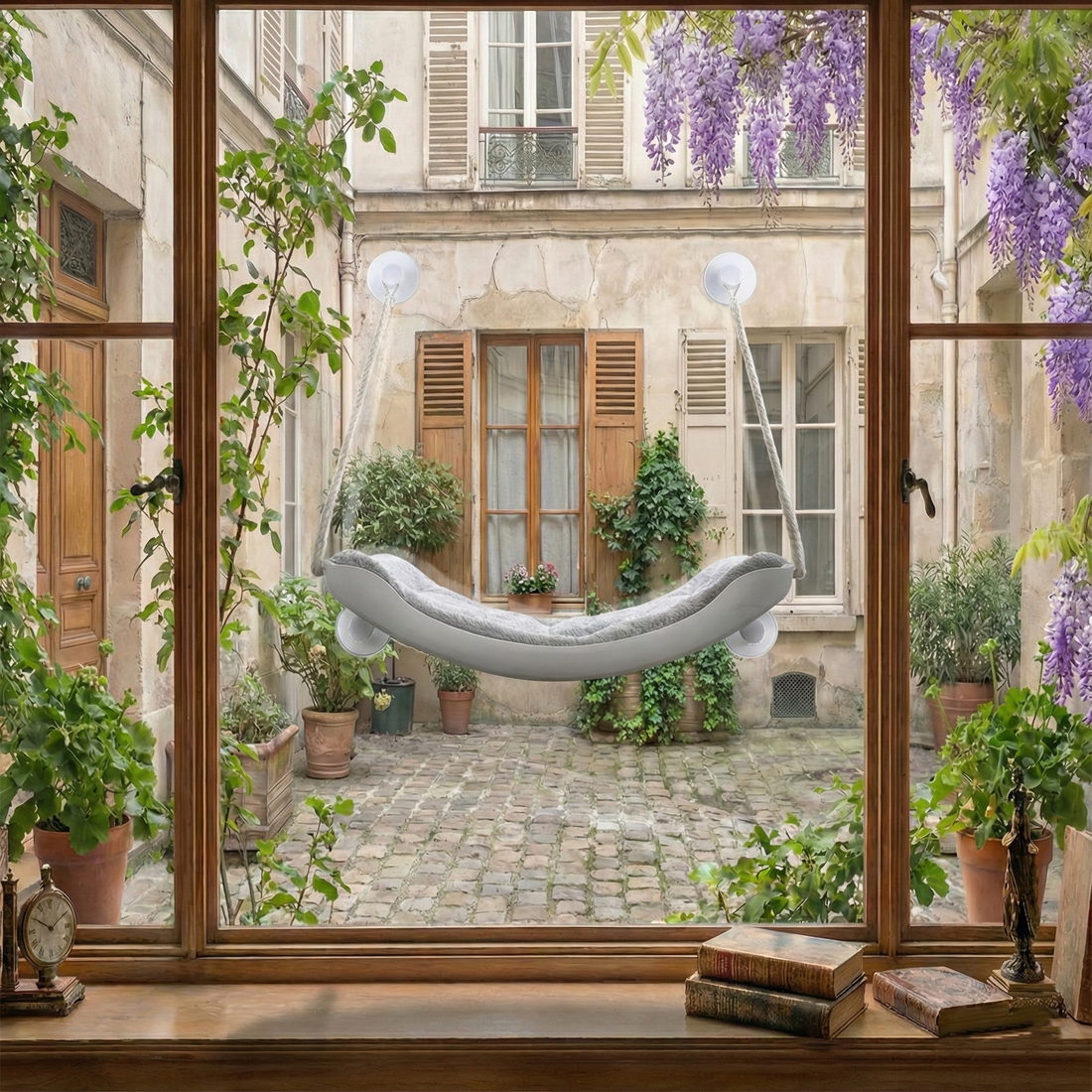 Hamac fenêtre blanc pour chat — vue de côté