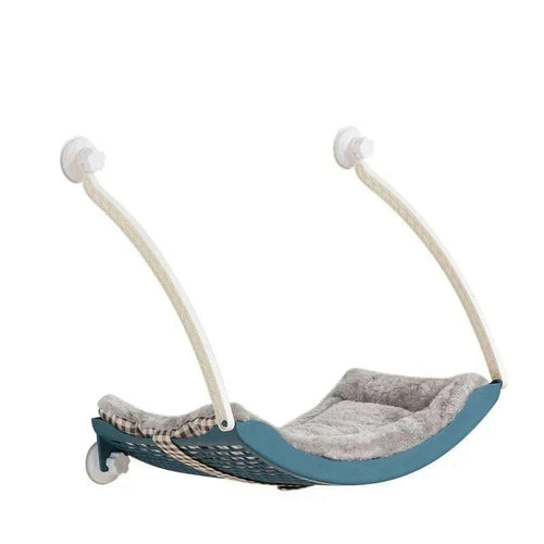 Hamac bleu design pour chat sur fenêtre