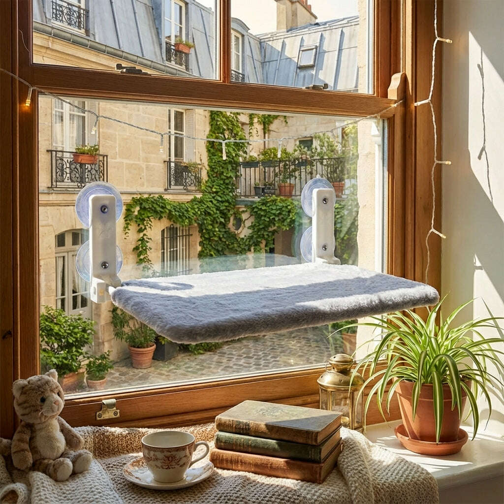 Hamac de fenêtre pour chat gris clair — vue arrière