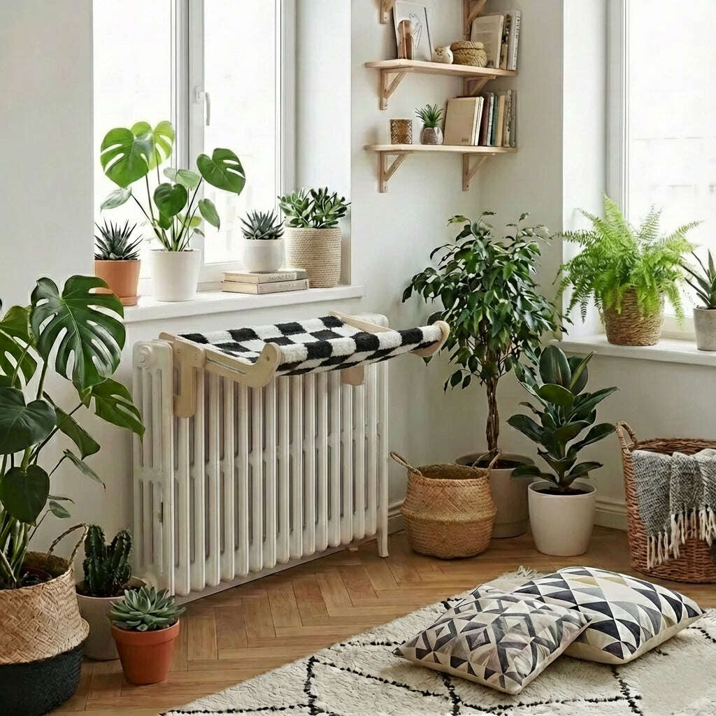 Hamac design en bois pour chat sur radiateur — vue d'ensemble