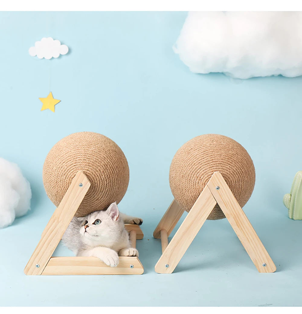 Kitten between two sisal scratching balls