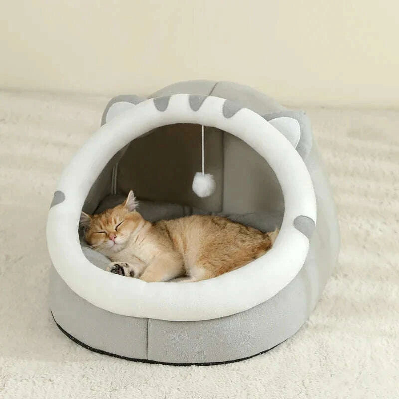 Maison confort pour chat en gris — vue de côté