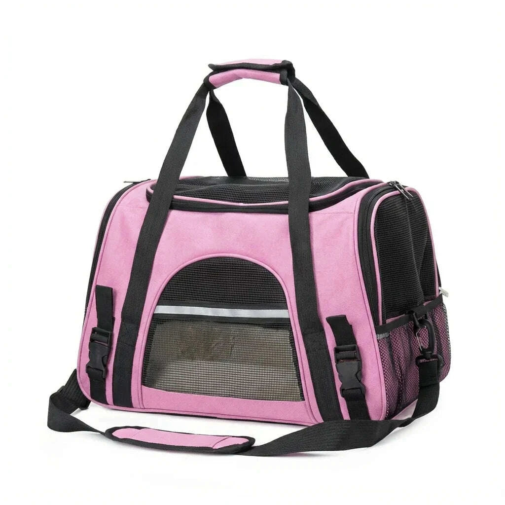 Panier de transport ventilé pour chat rose — vue arrière