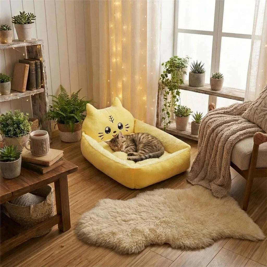 Panier douillet jaune pour chat — vue arrière