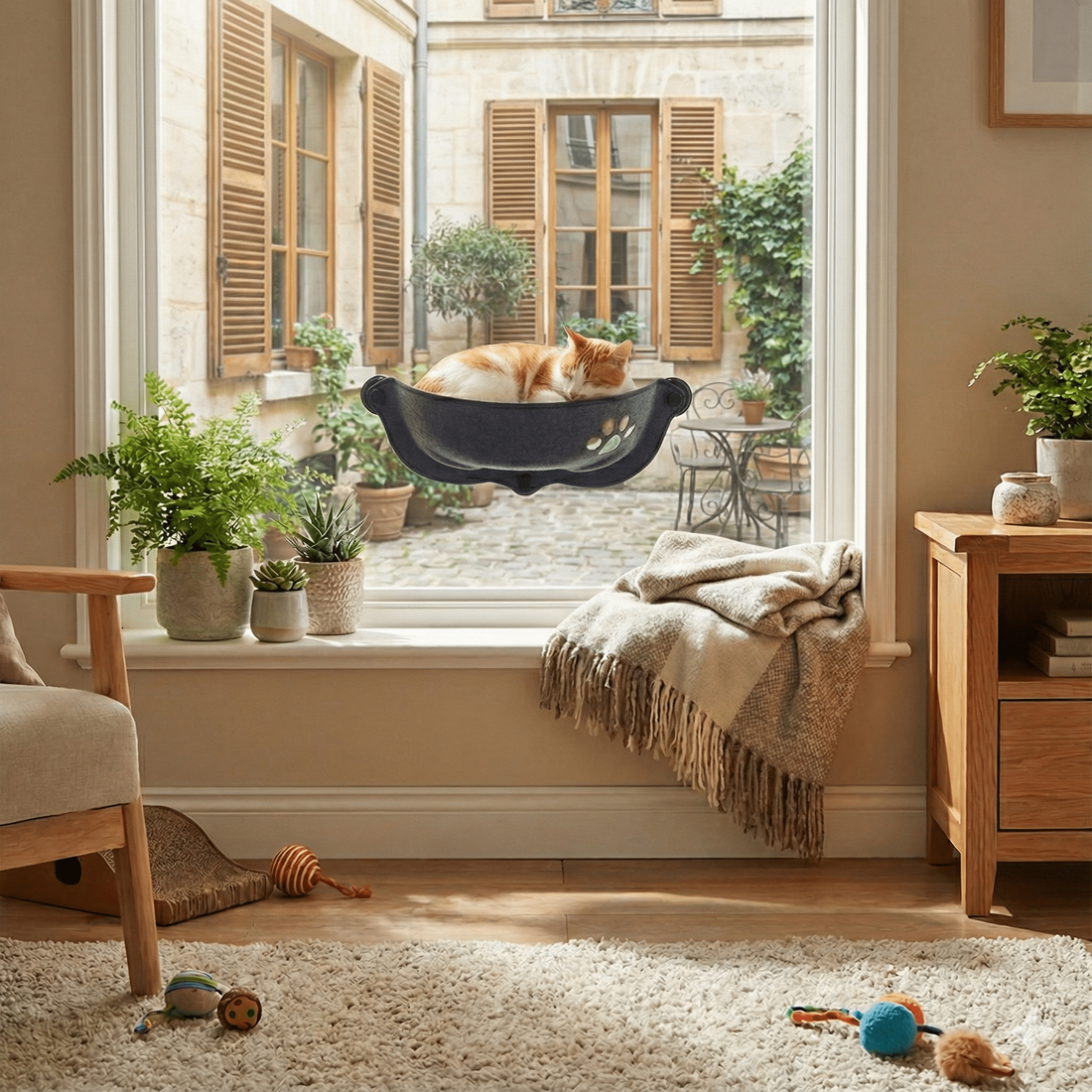 Hamac de fenêtre pour chat, design noir — vue d'ensemble