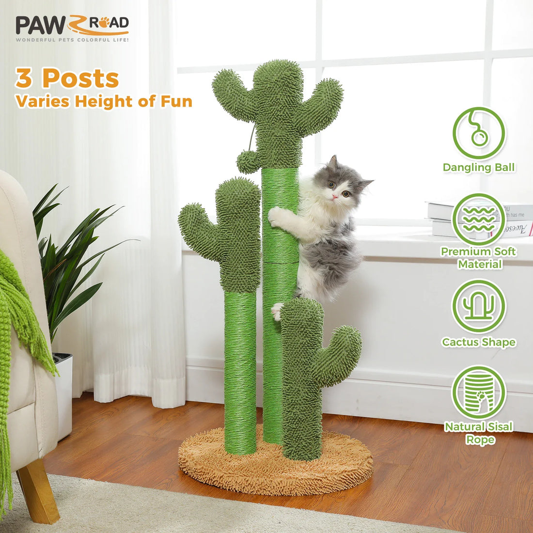 Griffoir cactus pour chat 3 poteaux sisal