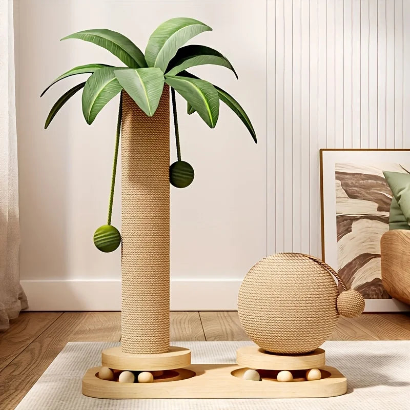 Cocotier griffoir avec boule en sisal et base en bois à billes, posé sur un parquet clair