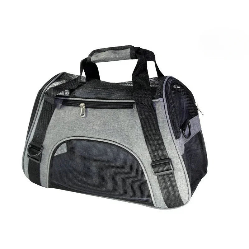 Sac de transport gris chiné avec poignées noires, poche zippée et grand panneau en mesh, sur fond blanc