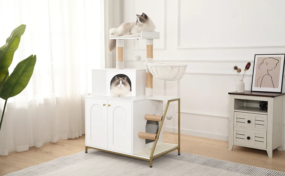 4-in-1 cat tree with built-in litter box