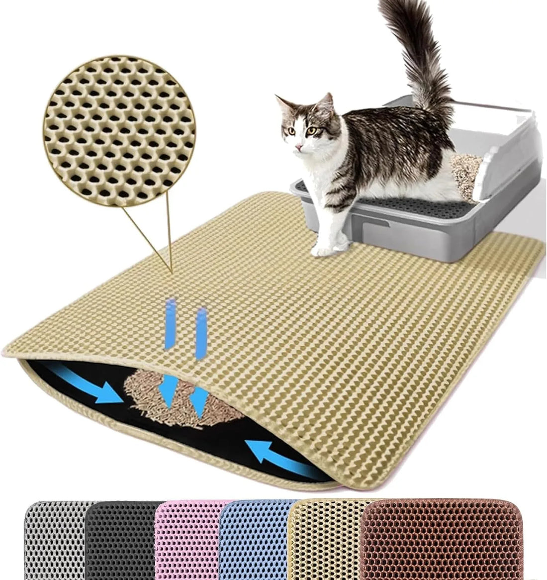 Tapis pour bac à litière beige en nid d'abeille, zoom sur les alvéoles et flèches montrant la chute des granulés
