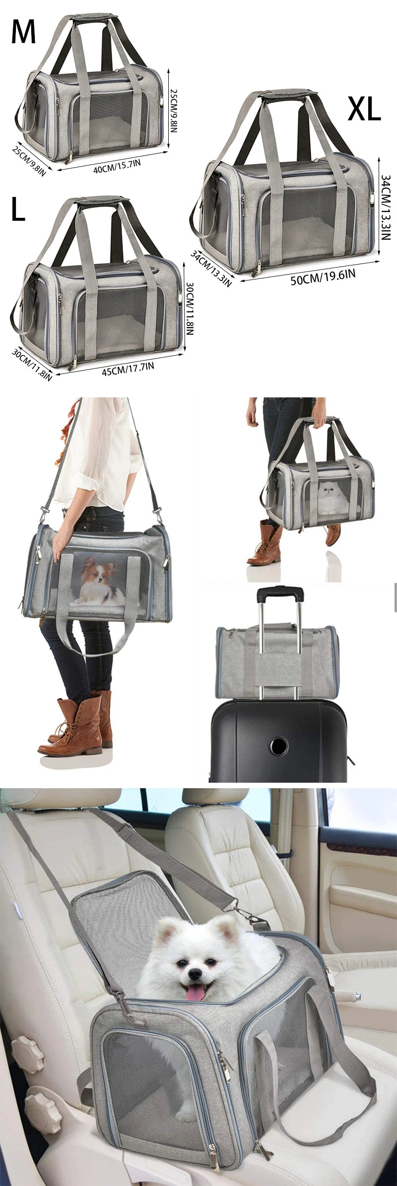 Cotes du sac de transport : M 40 × 25 × 25 cm, L 45 × 30 × 30 cm, XL 50 × 34 × 34 cm