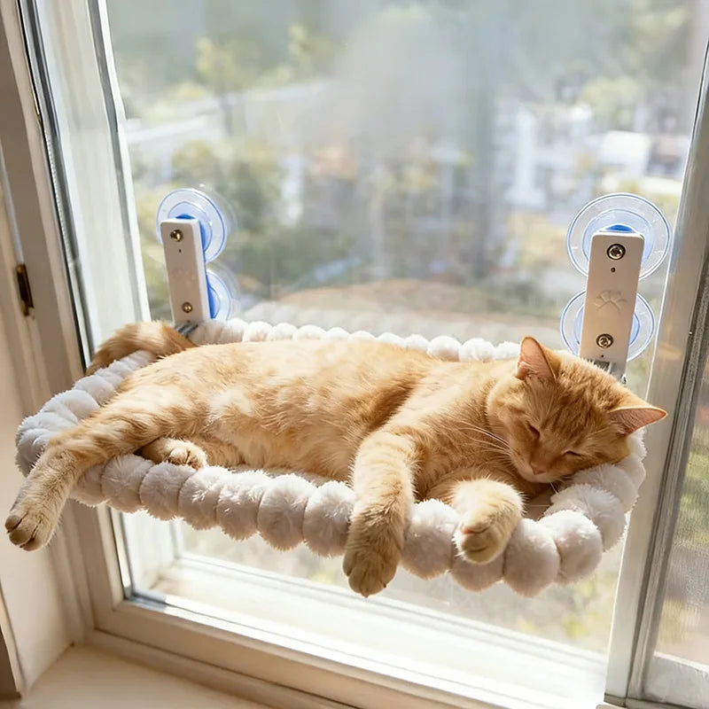 Chat roux allongé de tout son long, pattes pendantes, sur un hamac de fenêtre blanc à pompons fixé par ventouses