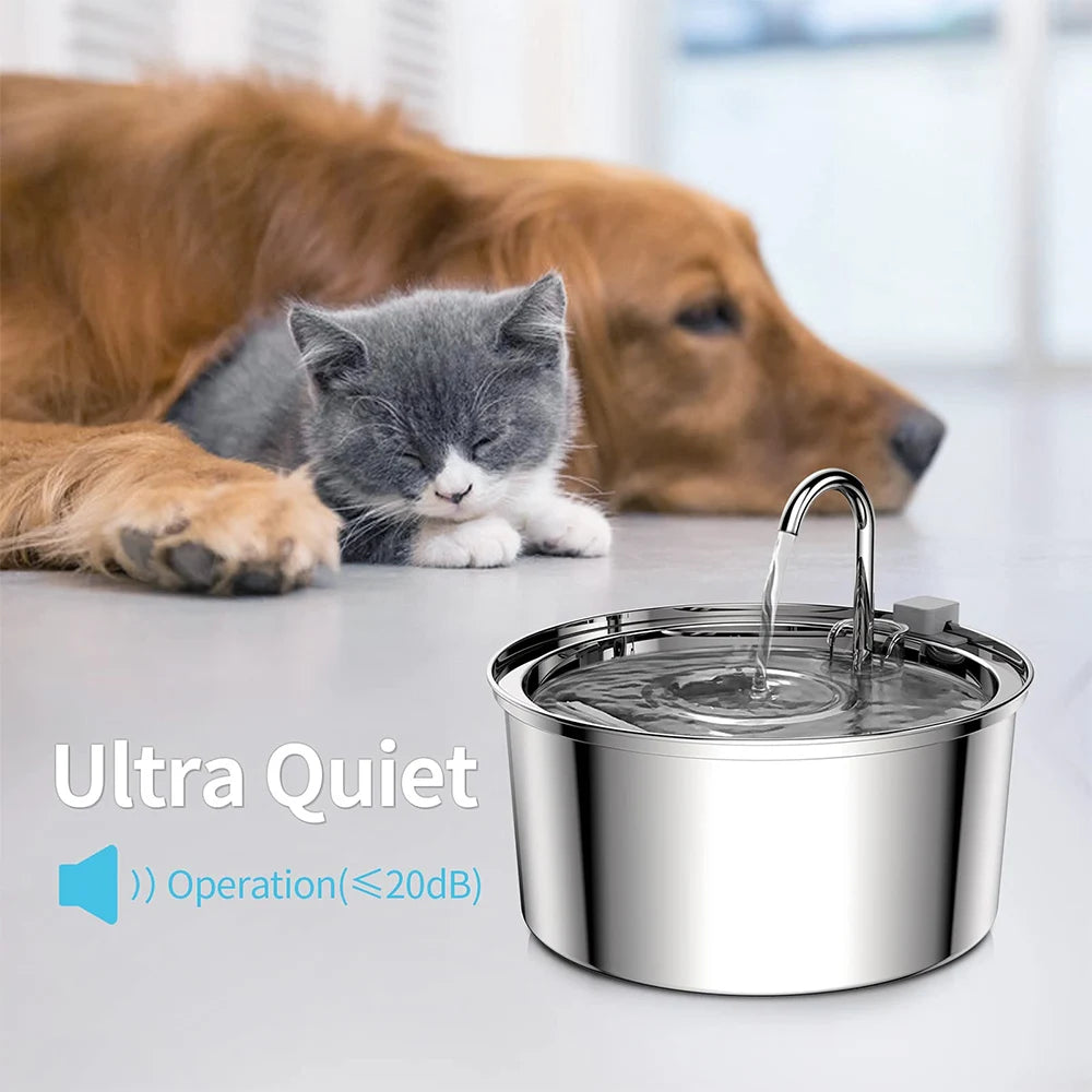 Fontaine à eau pour chat inox 2,2 L — silencieuse, filtrée