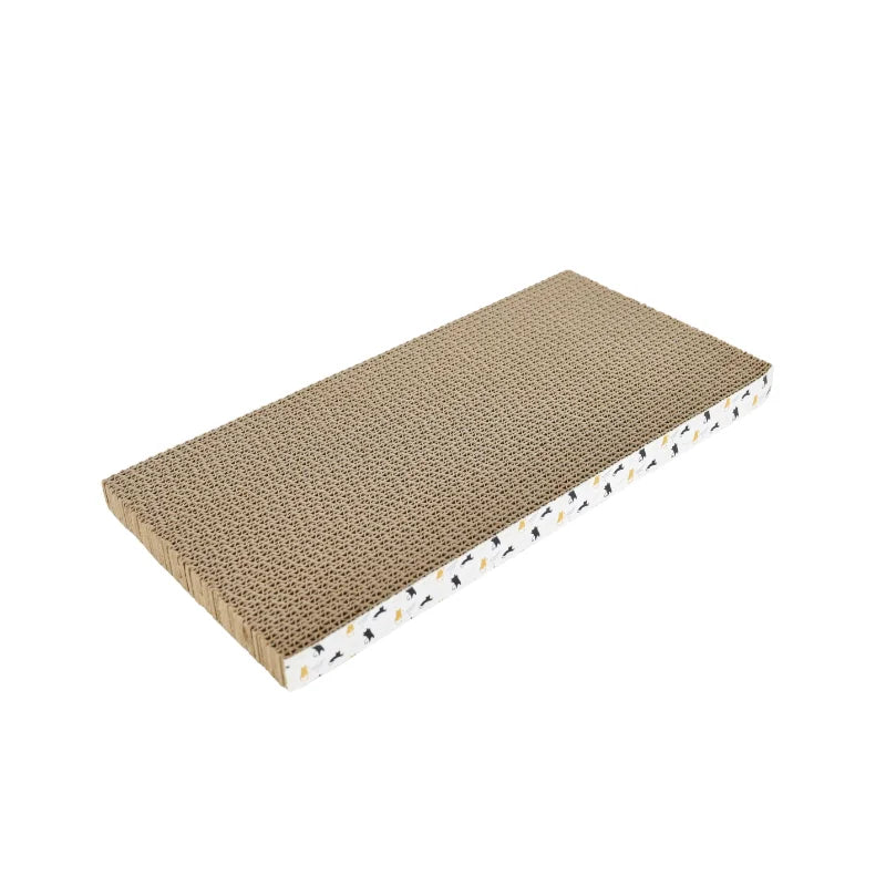 Grand griffoir plat en carton ondulé rectangulaire, dessus alvéolé brun et chant blanc à motifs de chats