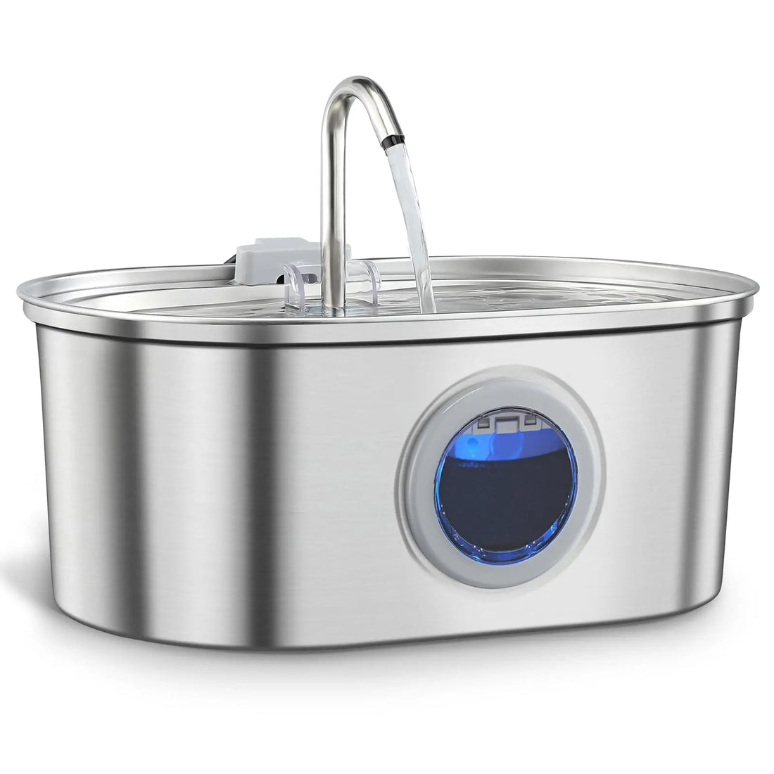 Fontaine à eau pour chat en inox brossé sur fond blanc, avec bec recourbé, filet d'eau et hublot de niveau bleu