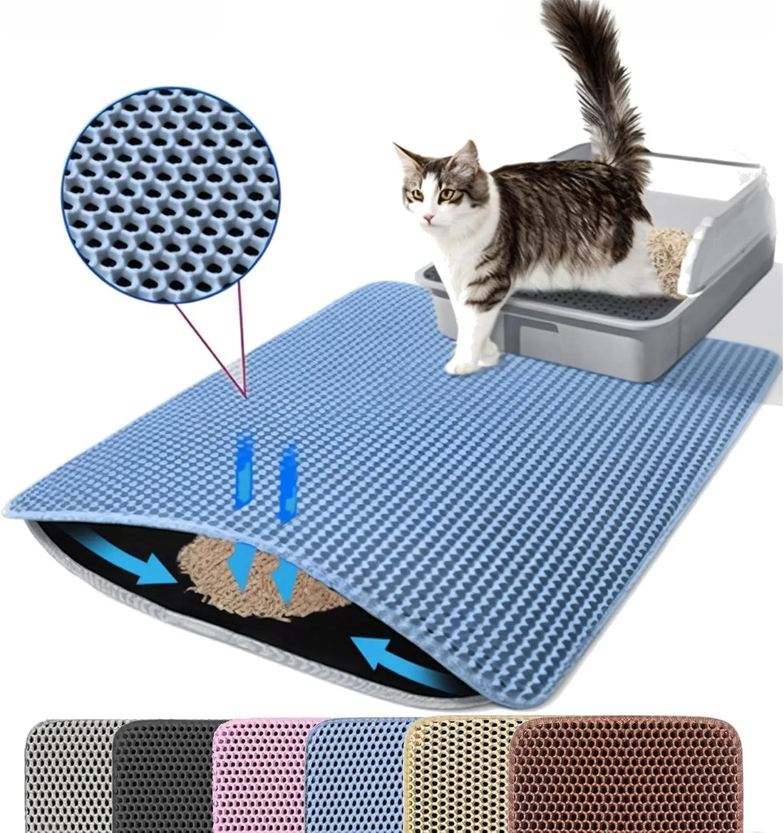 Tapis de sol bleu ciel pour litière de chat, couche alvéolée relevée et choix de six coloris en bas de l'image