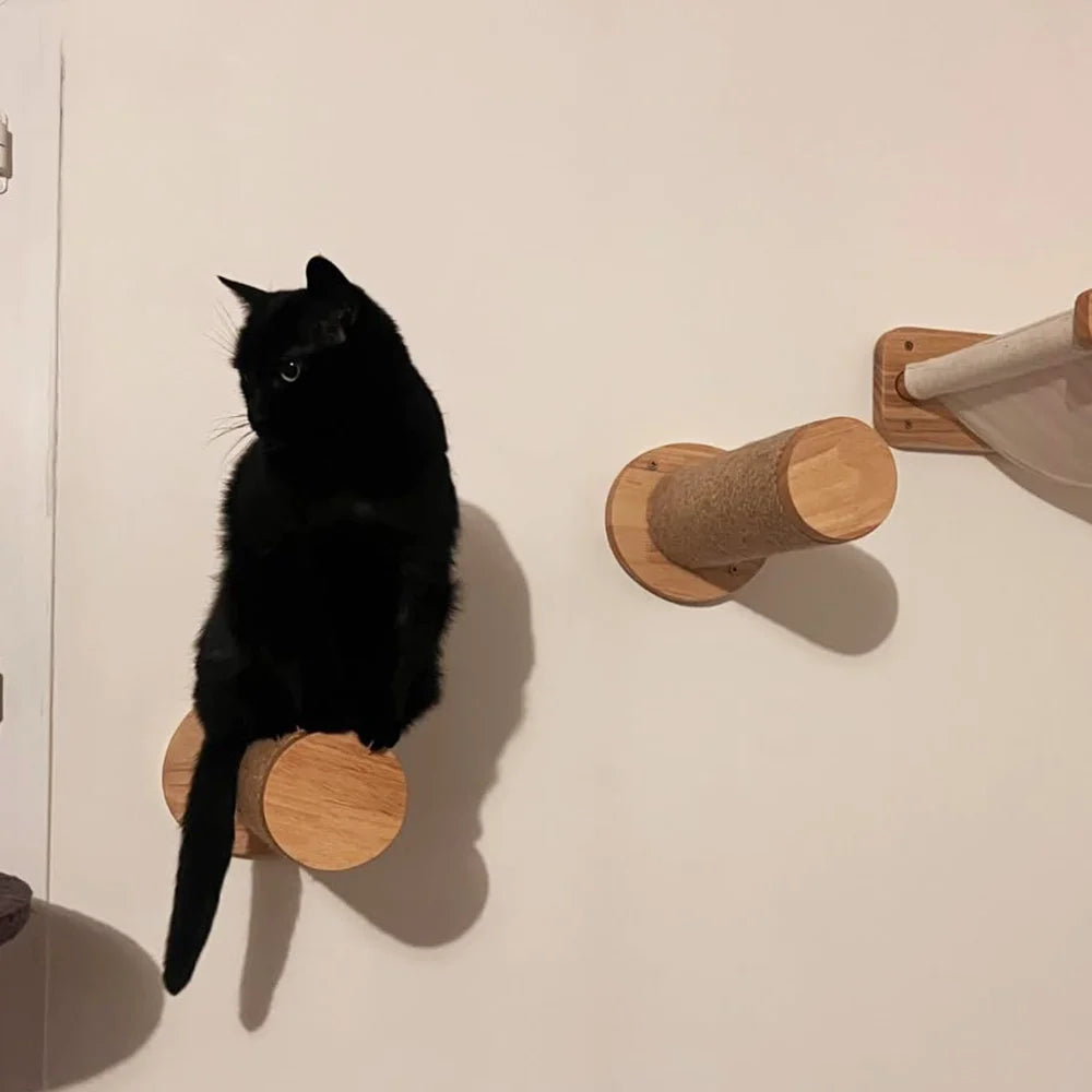 Chat noir assis sur un rondin mural en bois, avec deux autres perchoirs cylindriques fixés plus loin