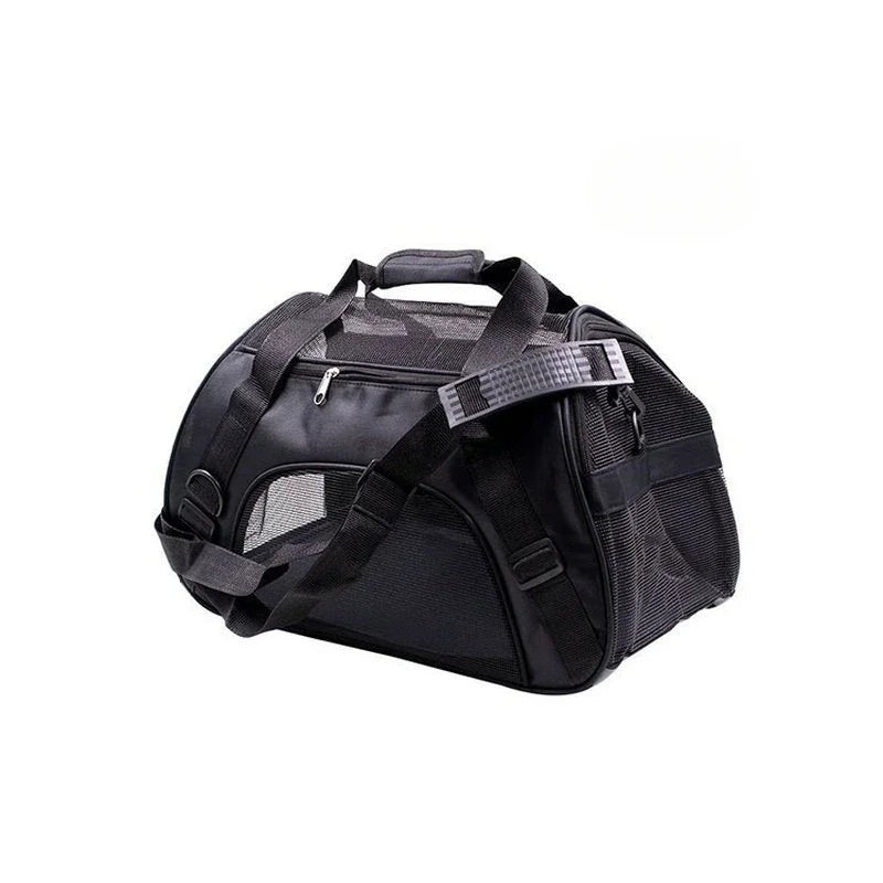 Sac de transport noir avec sangle d'épaule et fenêtres en filet, présenté sur fond blanc