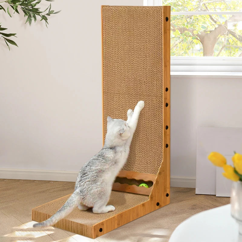 Cat stretching on the vertical cardboard scratching post