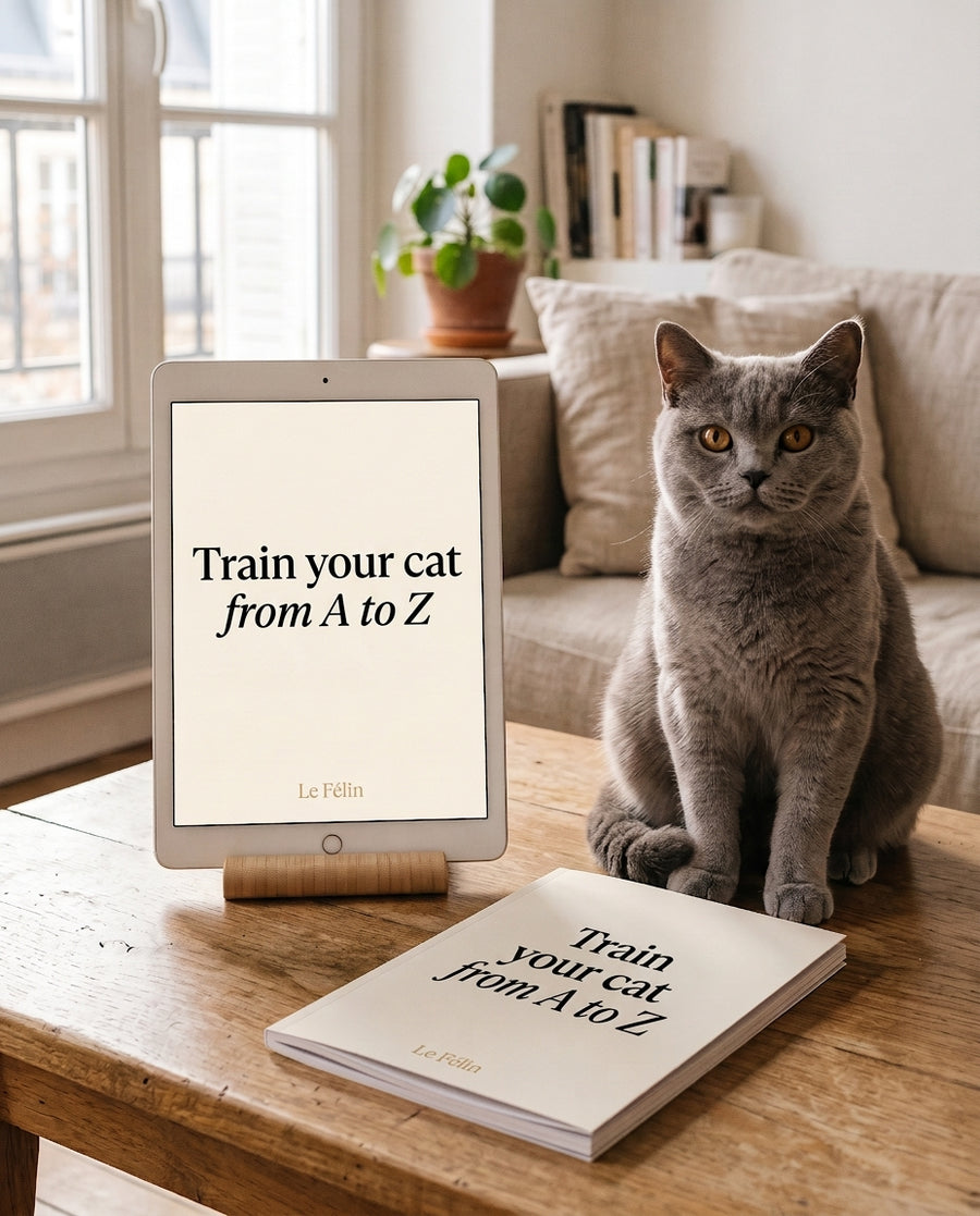 Train Your Cat from A to Z course: the PDF on a tablet and in print, with a British shorthair cat