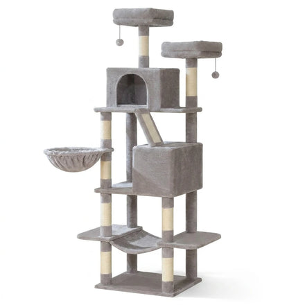 Corner cat tree with hanging basket, gray