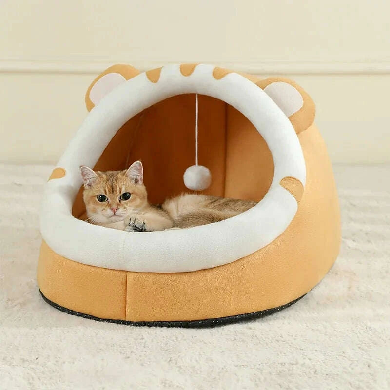 Maison confortable pour chat orange clair — vue de côté