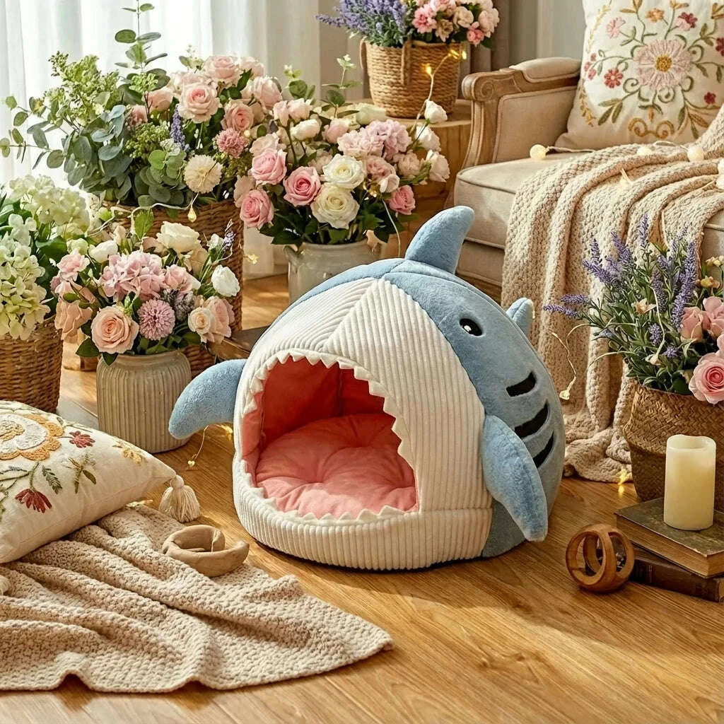 Maison requin pour chat en tissu doux — vue arrière