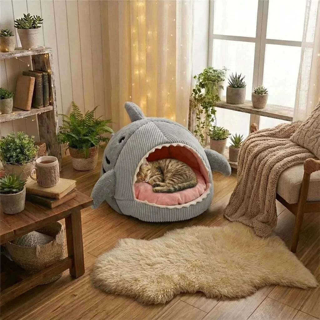 Maison pour chat en forme de requin gris — détail
