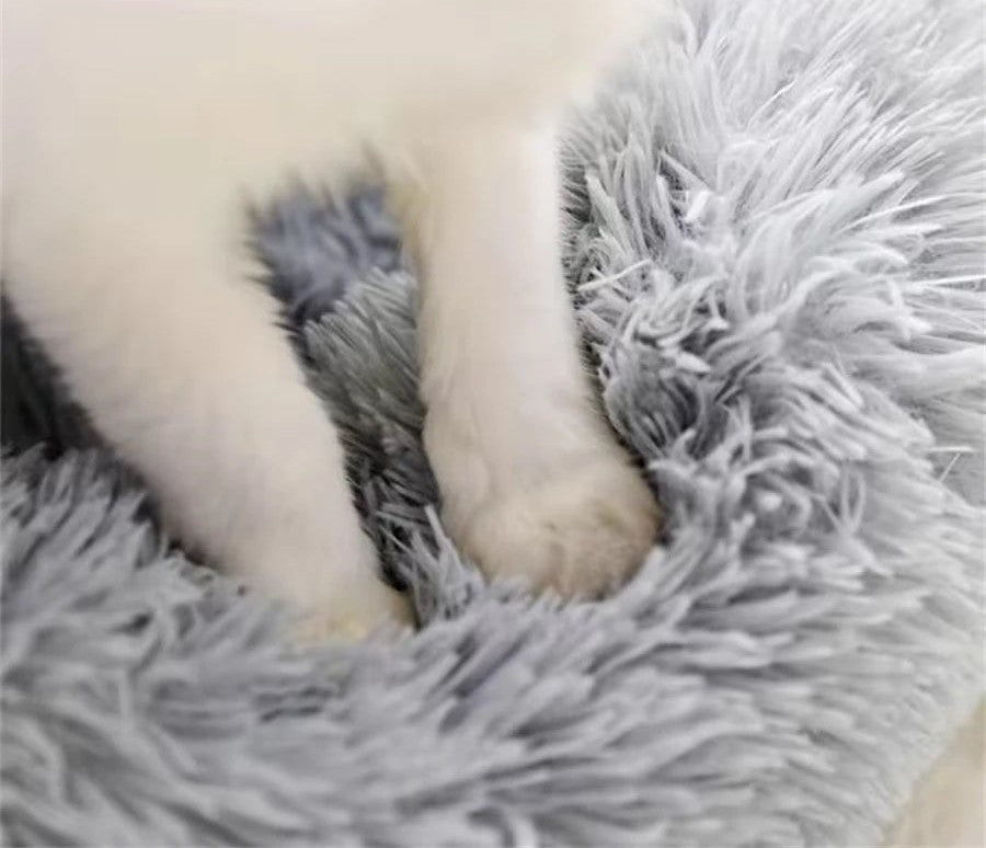Faux fur of the donut cat bed, close-up on softness