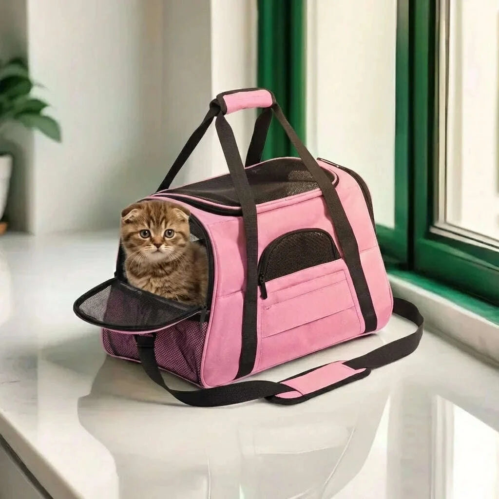 Panier de transport ventilé pour chat rose — vue de côté