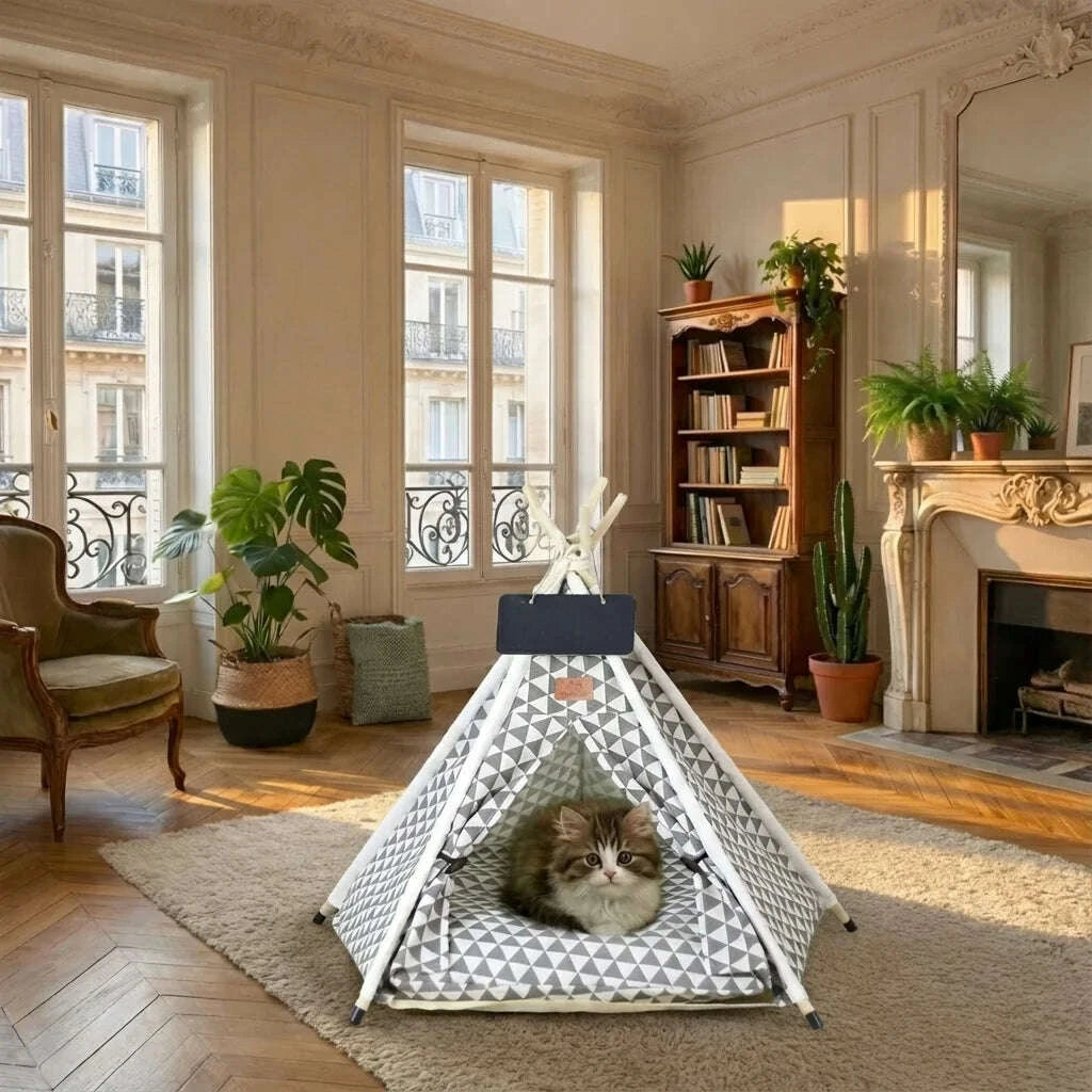 Tipi gris pour chat avec motif géométrique — vue arrière