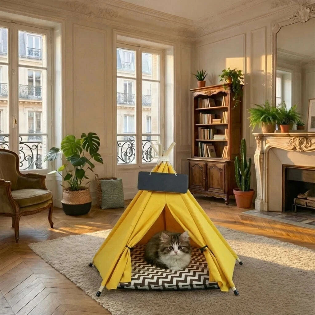Tipi en bois pour chat, chat à l'intérieur