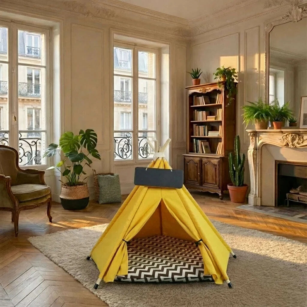 Tipi en bois pour chat, en situation salon