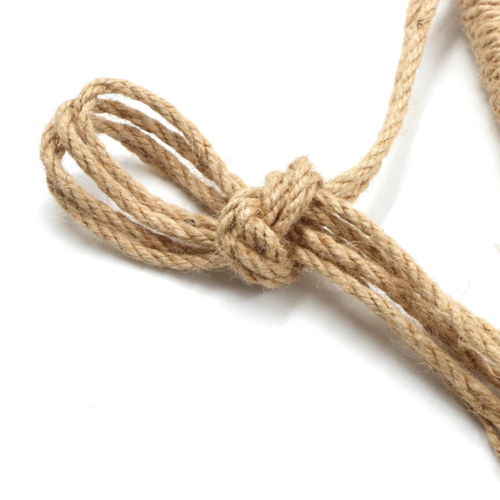 Gros plan sur le nœud et la boucle de corde de jute servant à suspendre l'échelle au mur