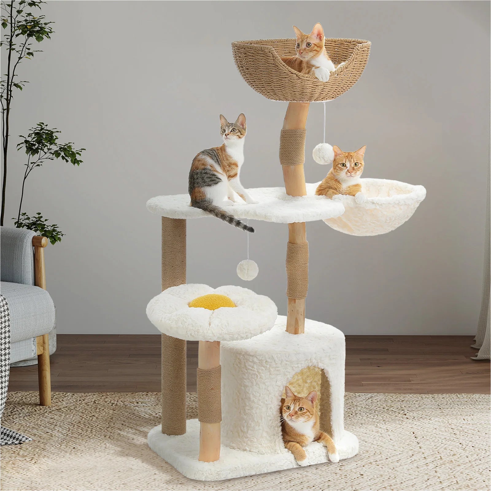 Arbre à chat en bois naturel design blanc — vue d'ensemble