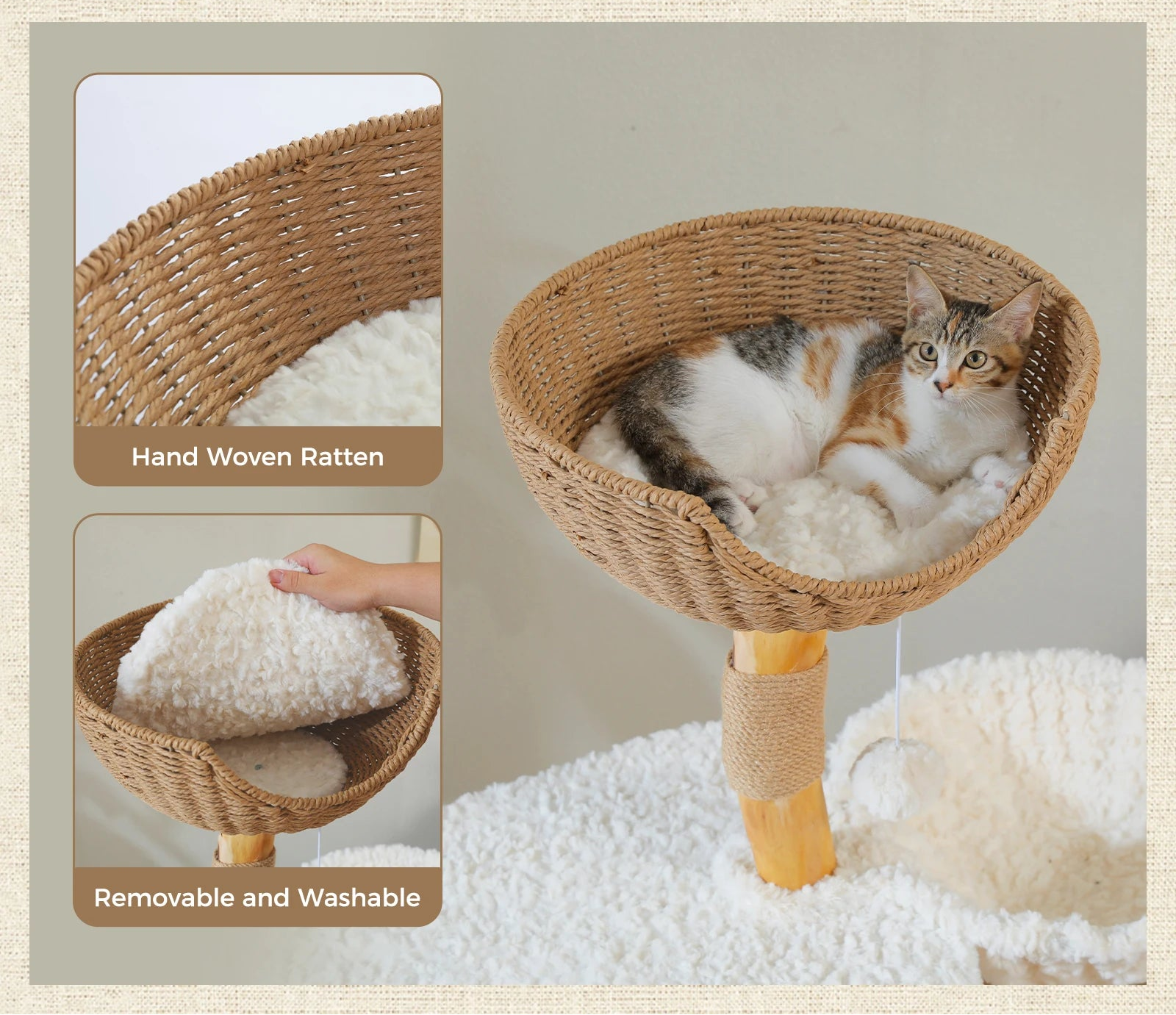 Arbre à chat en bois naturel design blanc — vue de côté