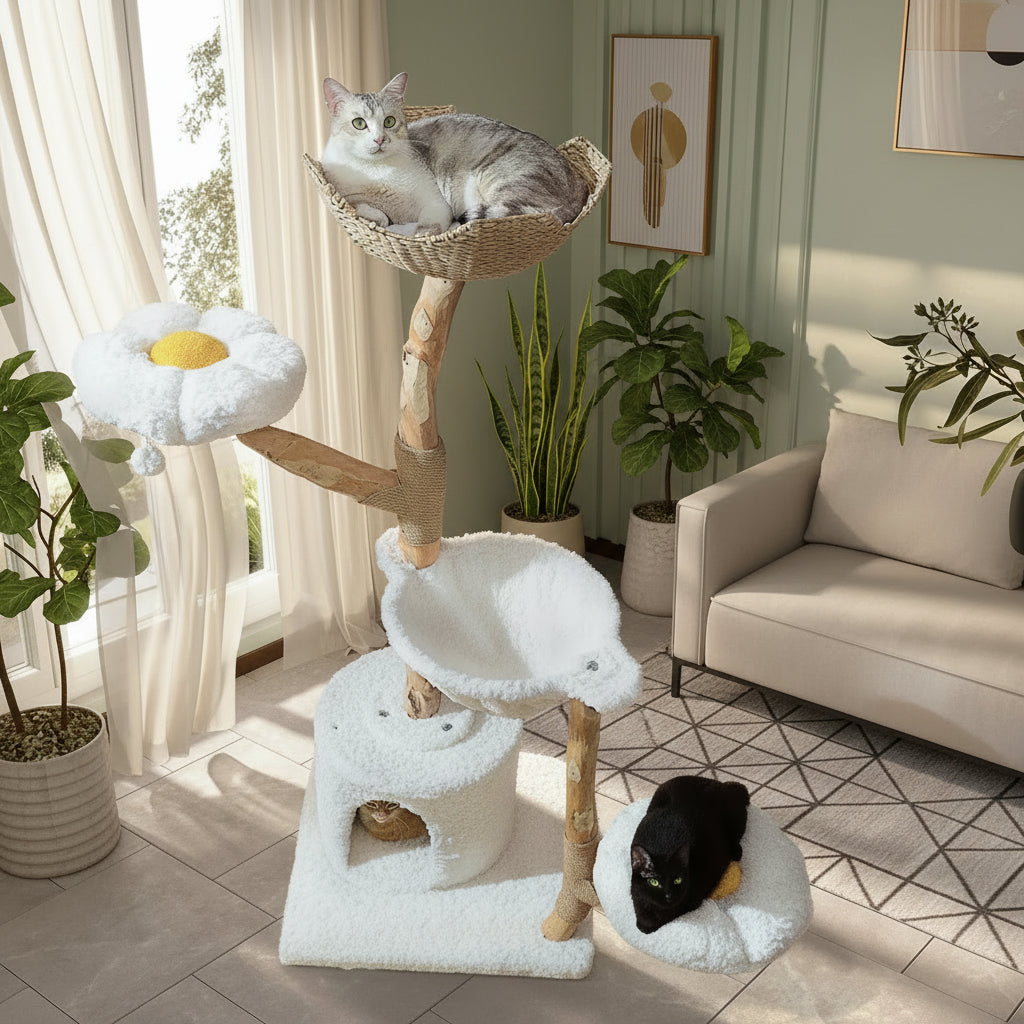 Arbre à chat en bois naturel — vue arrière