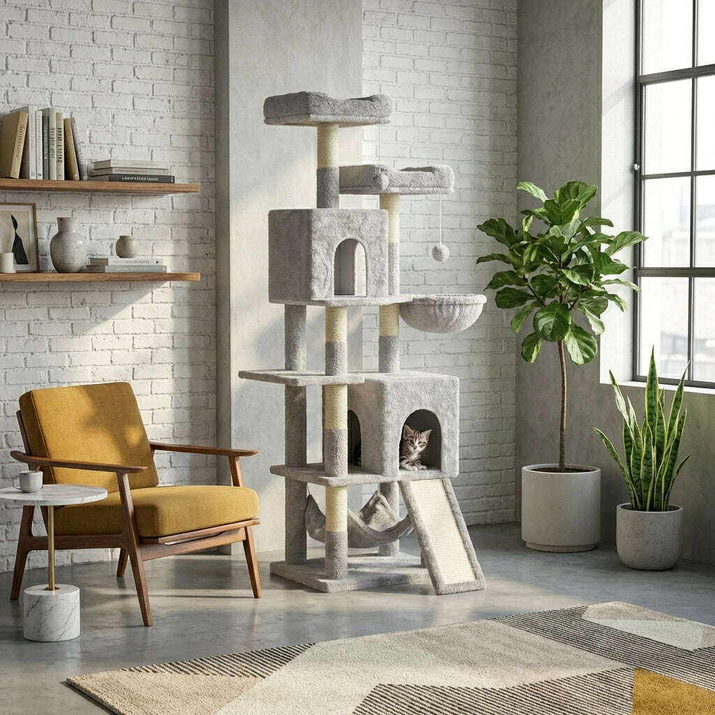 Arbre à chat XXL en gris clair — vue de côté