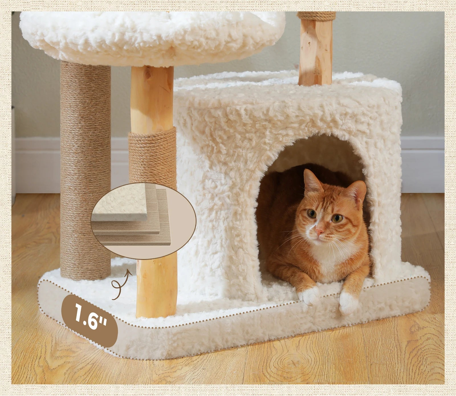 Arbre à chat en bois naturel design blanc — vue arrière