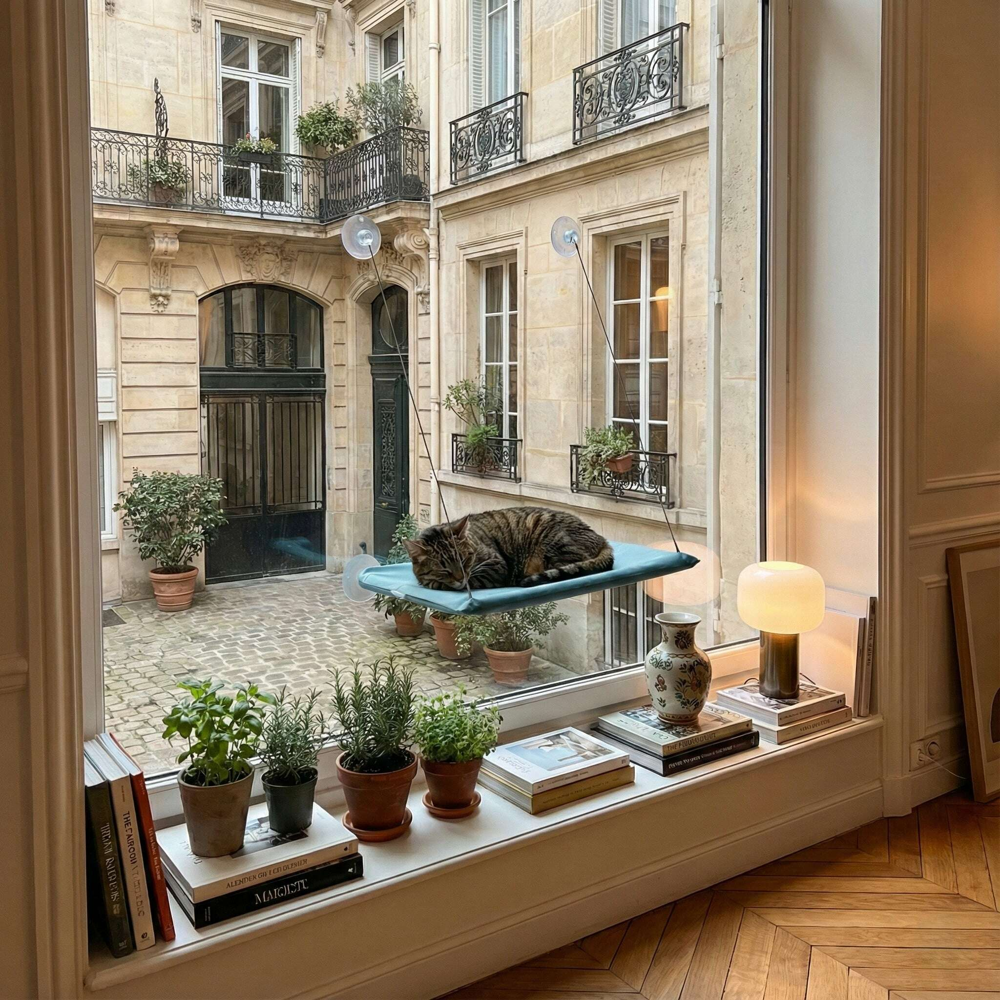 Hamac pour chat fenêtre bleu — vue d'ensemble