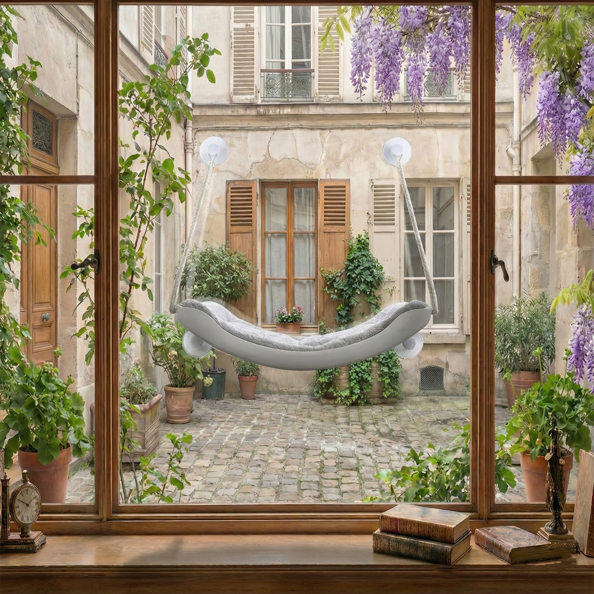 Hamac fenêtre blanc pour chat — vue de côté