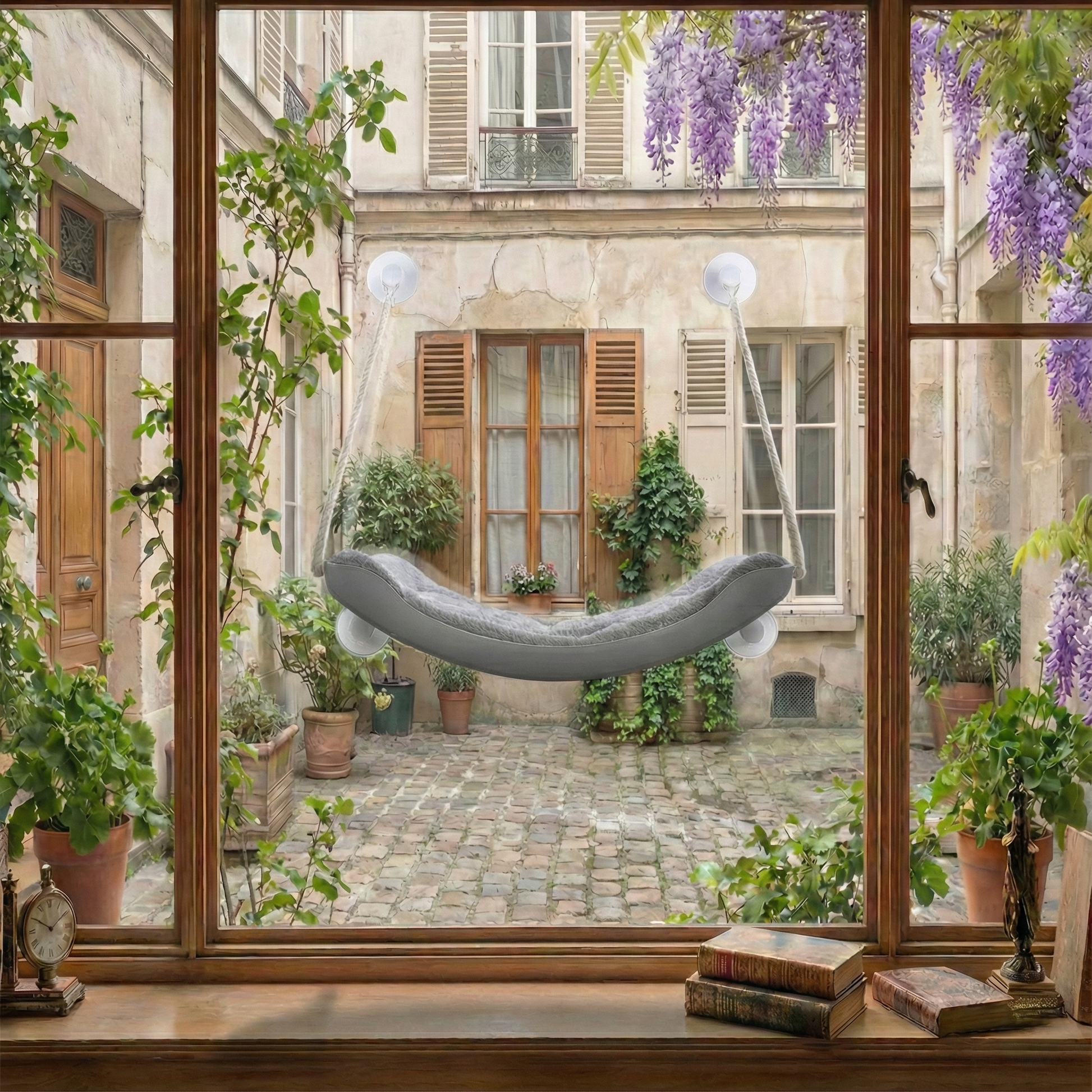 Hamac pour chat de fenêtre en tissu gris — vue de côté