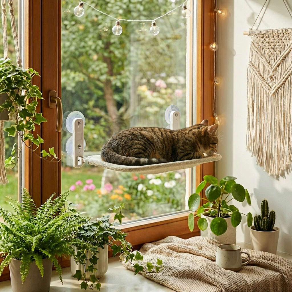 Hamac pour chat fenêtre couleur crème — vue de côté