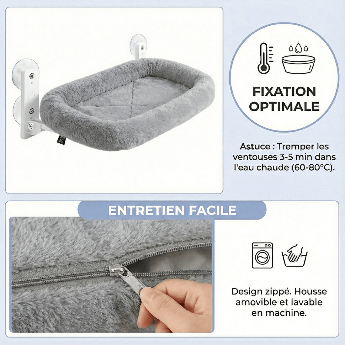 Hamac pour chat en tissu à ventouse — vue arrière