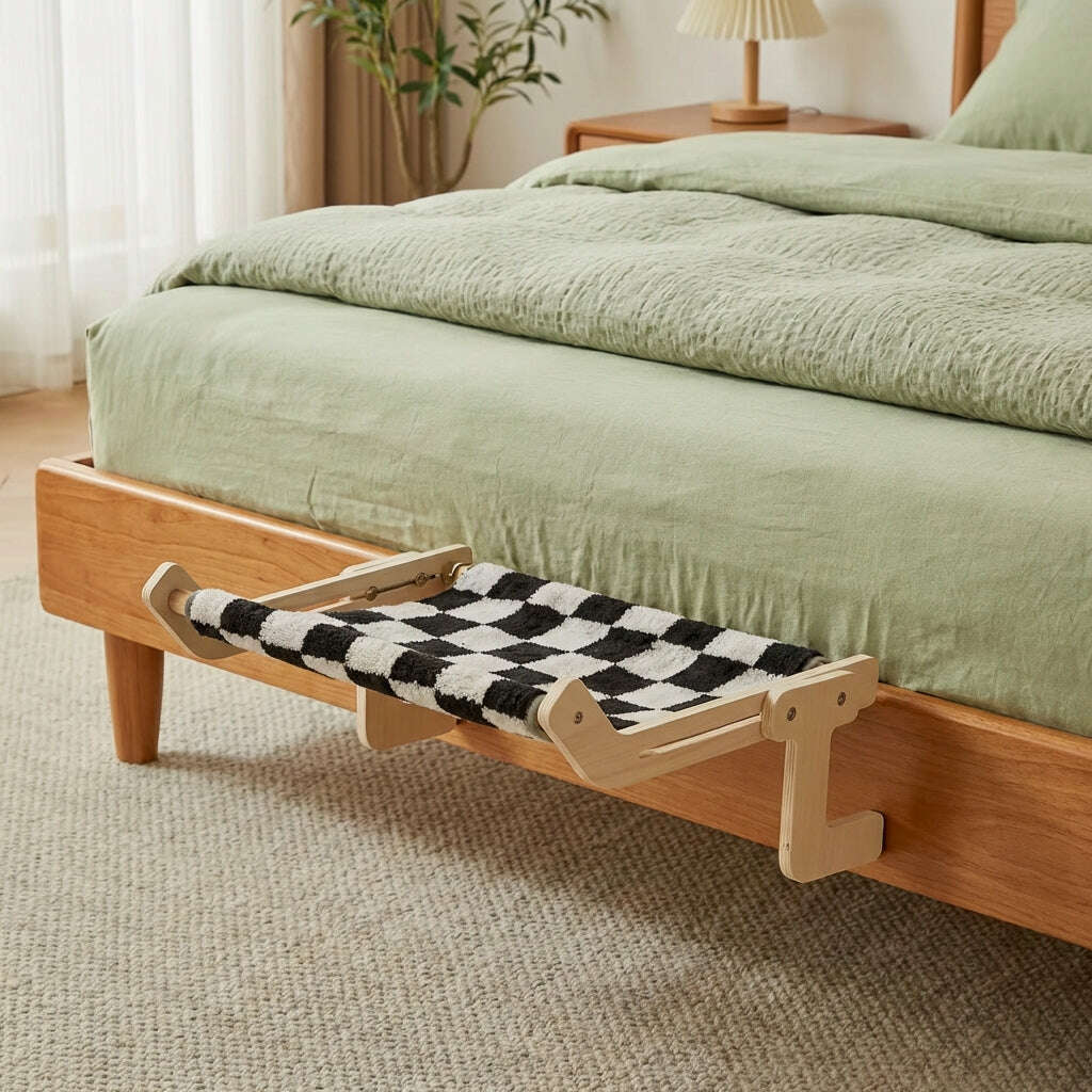 Hamac design en bois pour chat sur radiateur — vue arrière