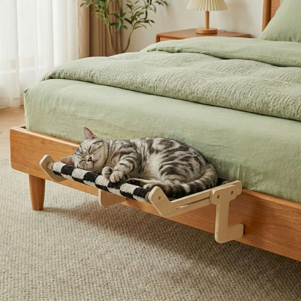 Hamac design en bois pour chat sur radiateur — détail
