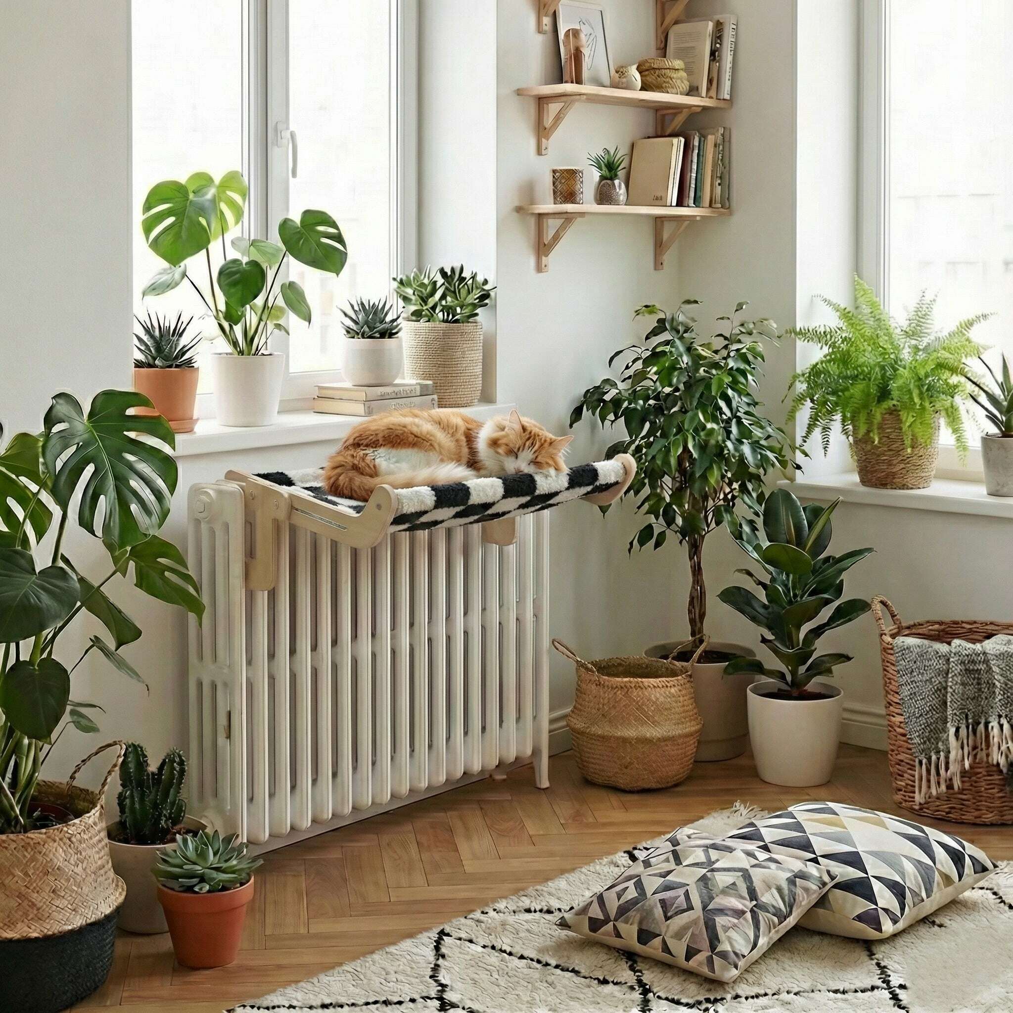 Hamac design en bois pour chat sur radiateur — vue de côté