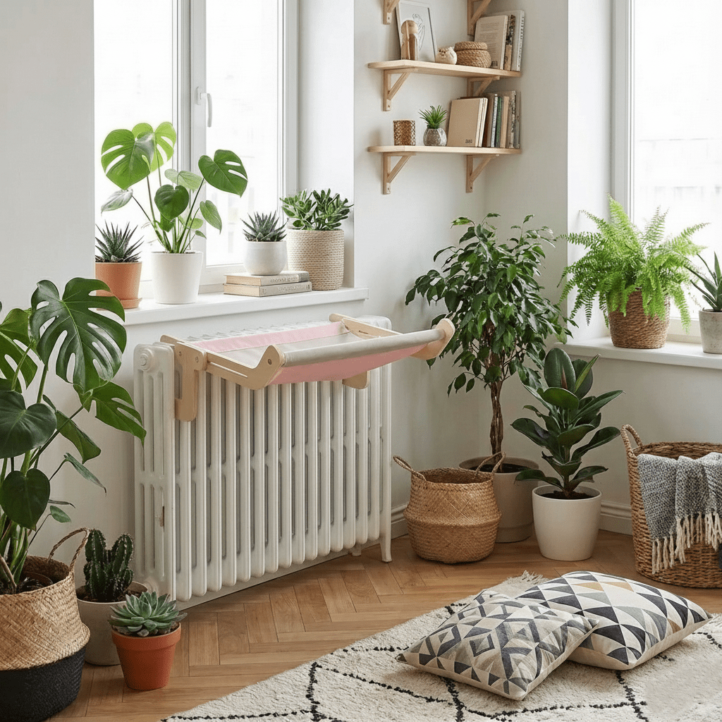 Hamac en tissu pour chat sur radiateur — vue de côté